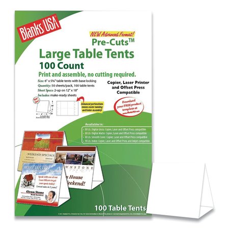 BLANKS/USA Table Tent, 80 lb Cover Weight, 12 x 18, White, PK100, 100PK TTL01FLWH